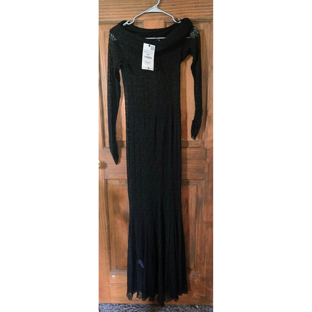 Zara Black Sheer Floral Lace off the shoulder Maxi Dress Long Sleeve XS-S